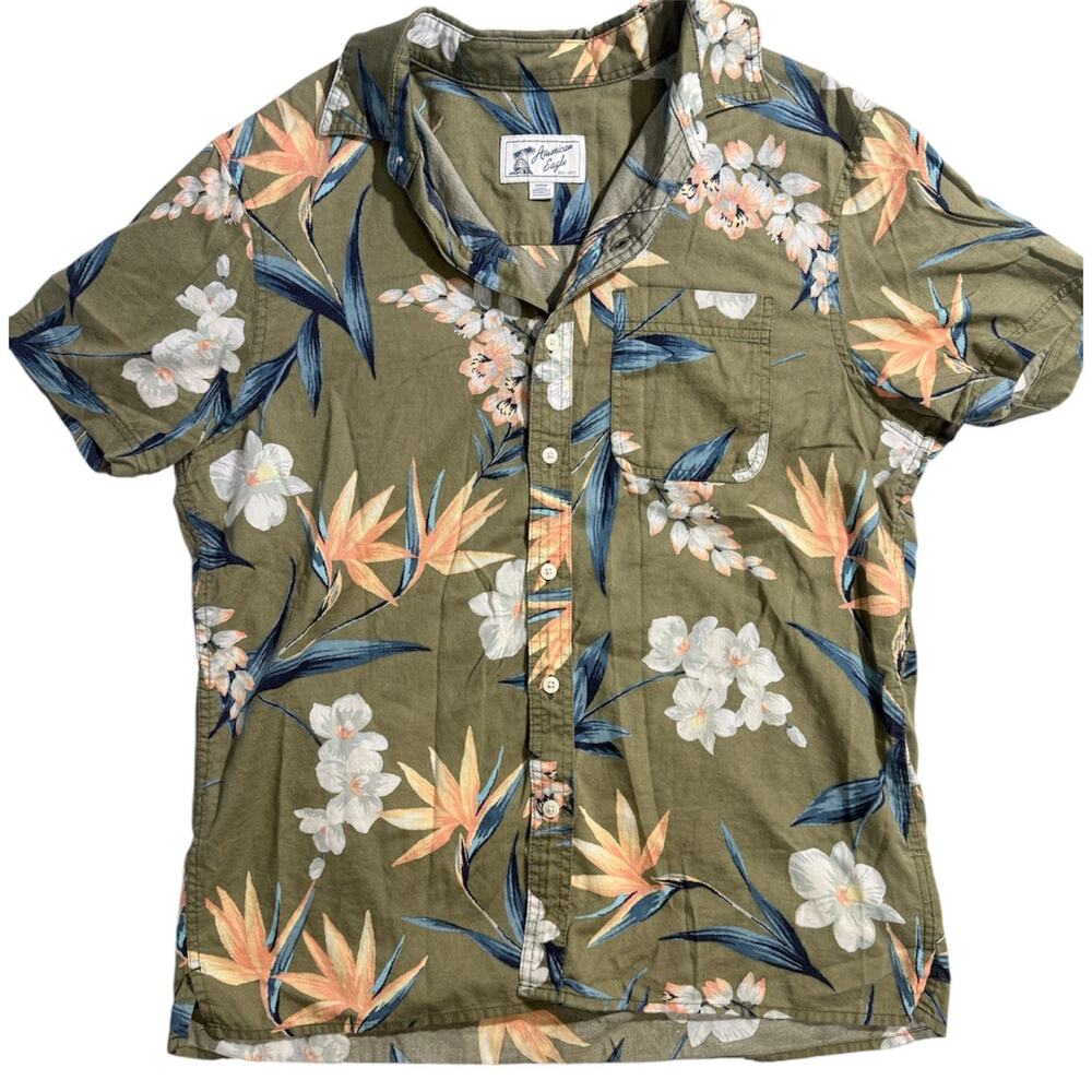 American Eagle Hawaiian Shirt Mens M Olive Green Floral Tropical Short Sleeve